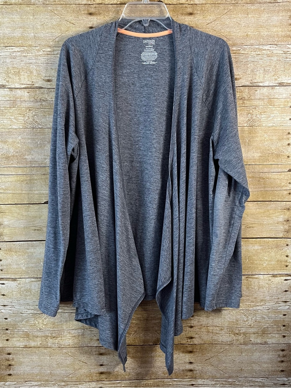 Danskin Gray Open-Front Draped Wrap Cardigan Semi-Fitted Raglan EUC Size XXL 2XL